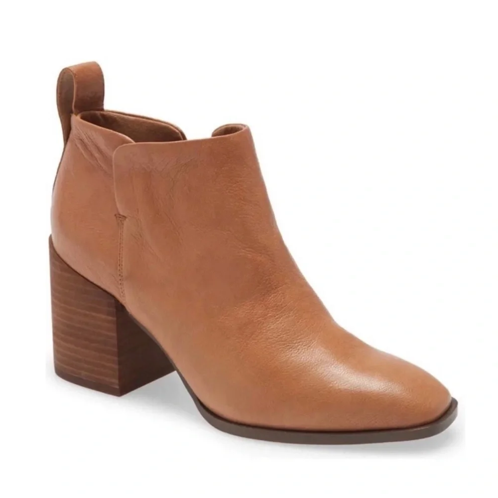 Vionic Alyssa Toffee Leather Ankle Boots Stacked Block Heel Square Toe Size 7.5